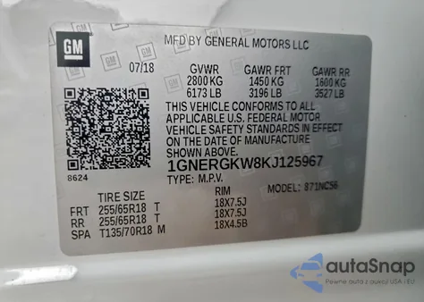 2019 Chevrolet Traverse Lt z USA, uszkodzony, nr VIN 1GNERGKW8KJ125967